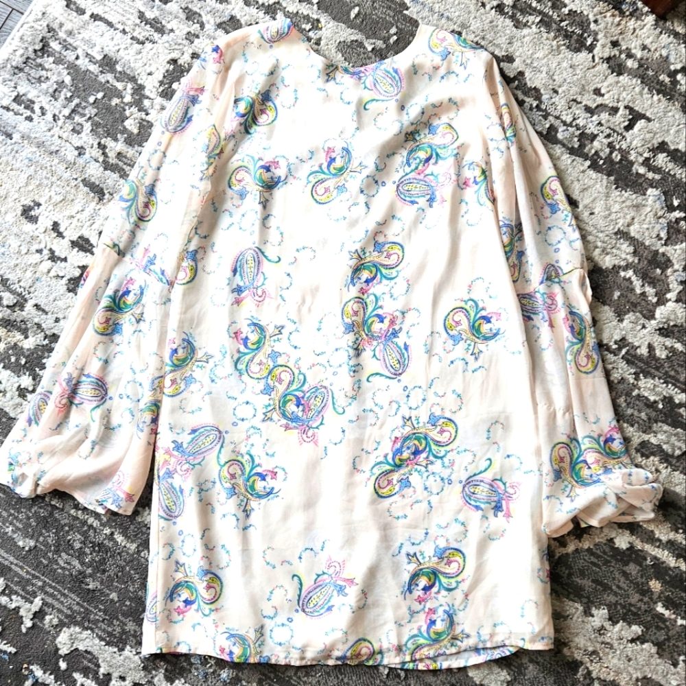 English Factory paisley print split bell sleeve tie back shift dress